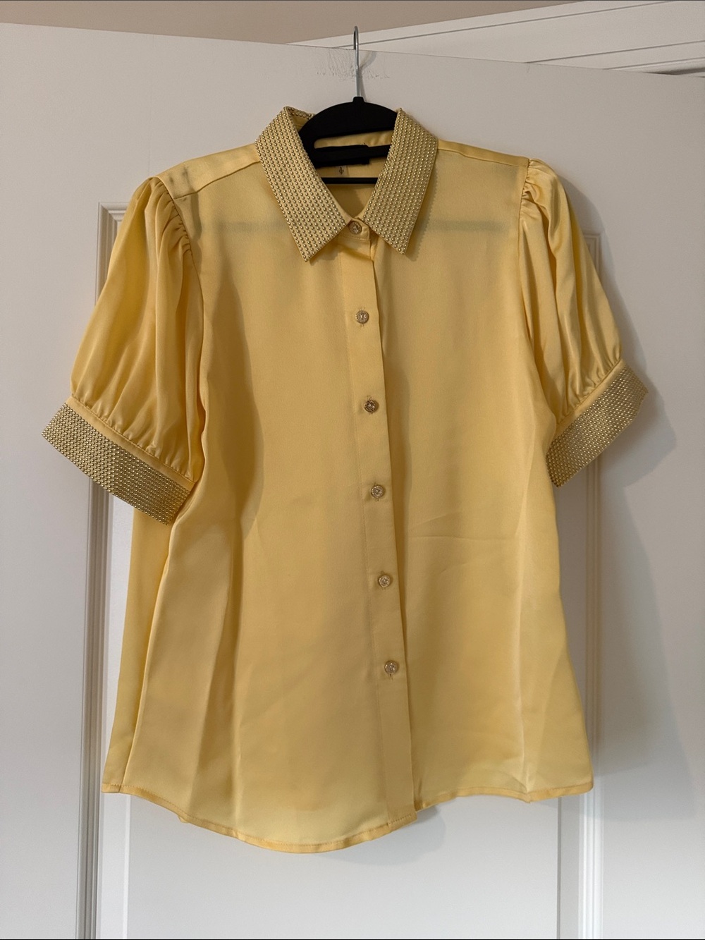 Karl Lagerfeld Soft Yellow Button-Down Blouse with Embellished Collar